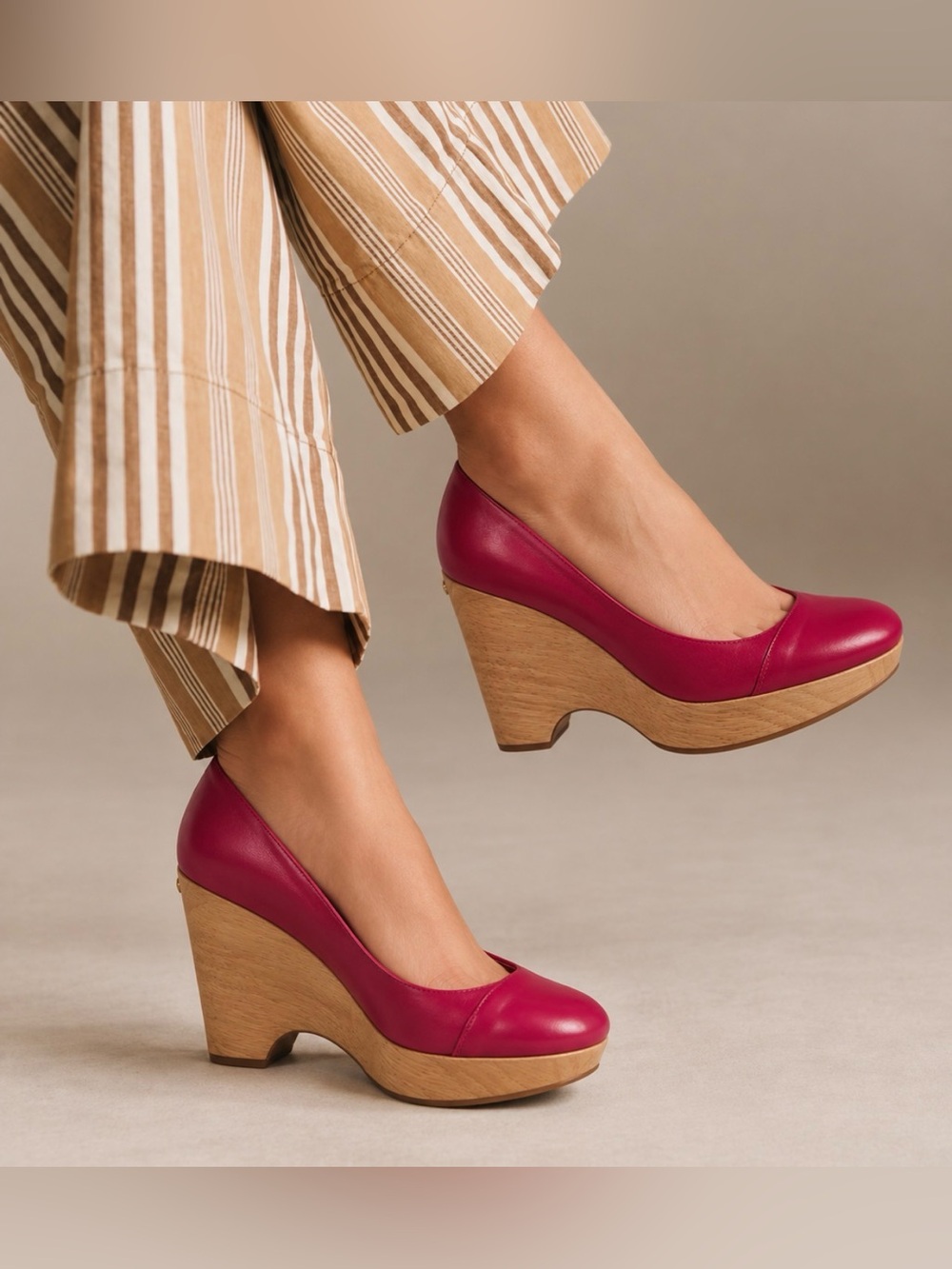 Durbuy by Yurika Nakatsu Pink Leather Wood Wedge Platform Pumps Shoes Sz US 7.5